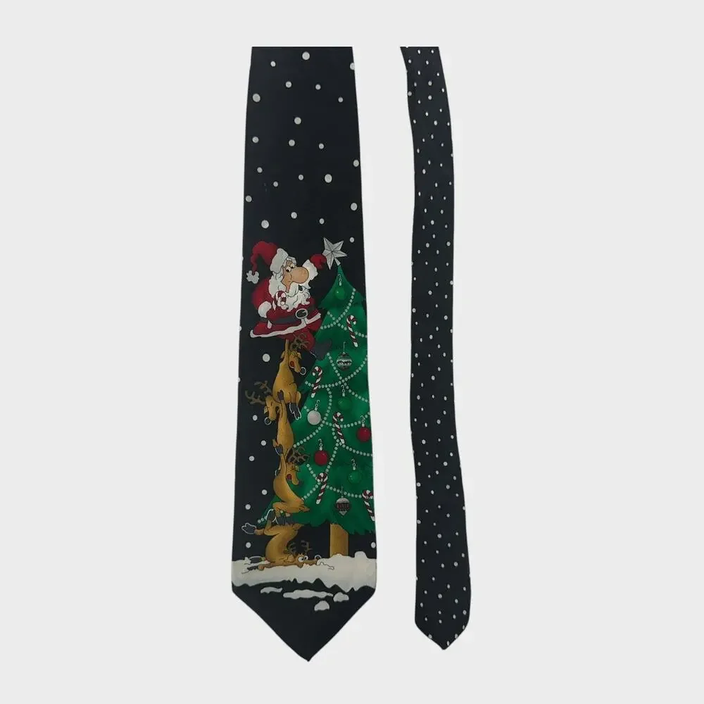 Hallmark Mens Neck Tie Holiday Christmas Black Dotted Santa Tree